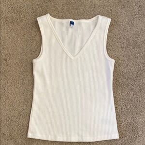 White Ribbed V-Neck Tank Top